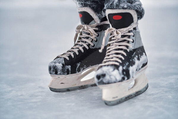 Hockey skates on the player feet after ice hockey. Close-up