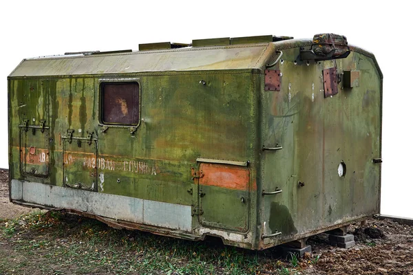 Mudança Casa Metal Verde Velha Casa Mudança Para Construtores Isolados — Fotografia de Stock