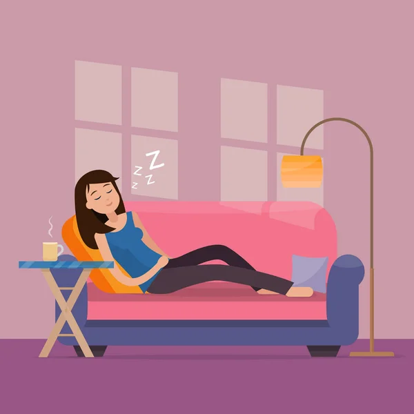 Wanita tidur di sofa  . Stok Vektor