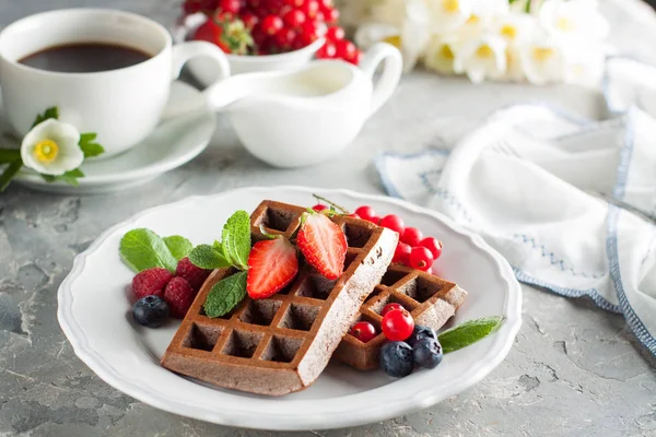 Homemade chocolate waffles with berries — Stock Photo, Image