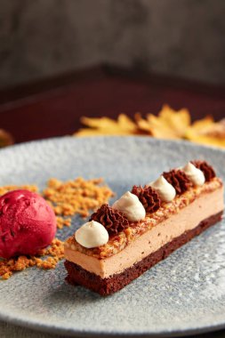 Çikolatalı bisküvi, krema ve karamelli fındıklı bir dilim pasta..