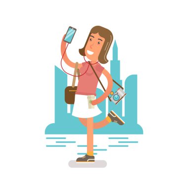 Generation Y, bin yıllık kız telefonu, kulaklık ve fotoğraf kamera ile açık olmaktan keyif.