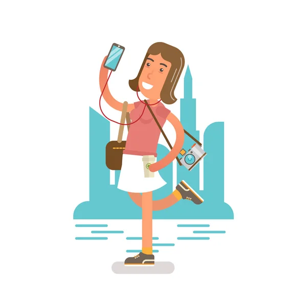 Generation Y, Millennial girl enjoying being outdoor with phone, earphones and photo camera. — Stock Vector