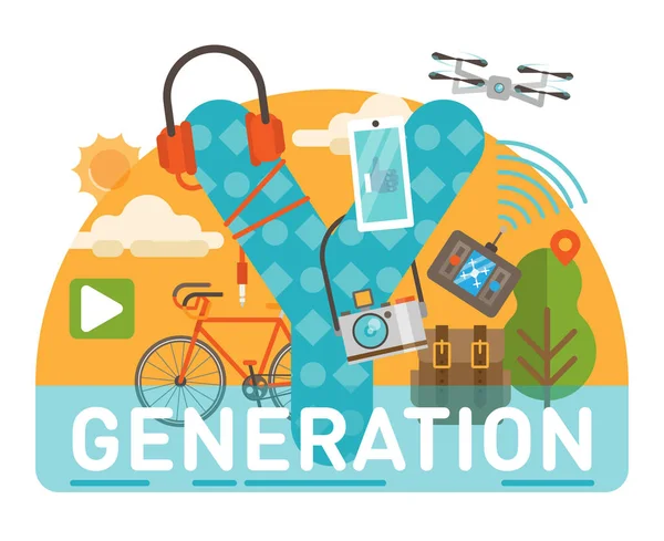 Generation Y temalı başlık sahne gösteren bin yıllık temalı nesneleri ve büyük harf Y