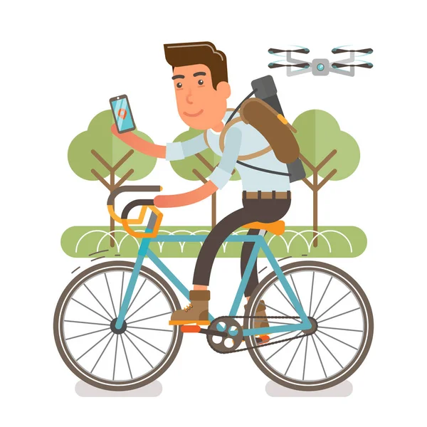 Geração Y, Millennial andar de bicicleta e pousada por um drone no parque — Vetor de Stock