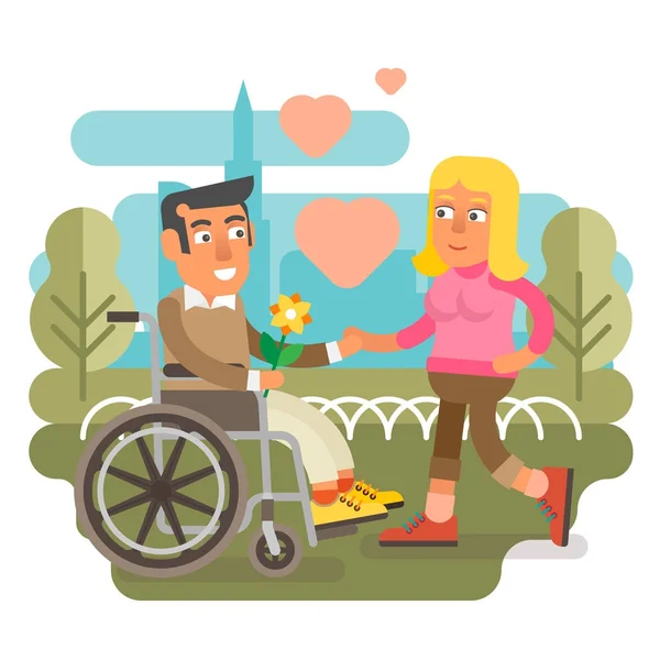 Silla de ruedas pareja citas — Vector de stock