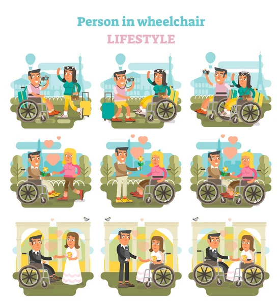 Cadeira de rodas pessoa estilo de vida vetor ilustração coleção . — Vetor de Stock