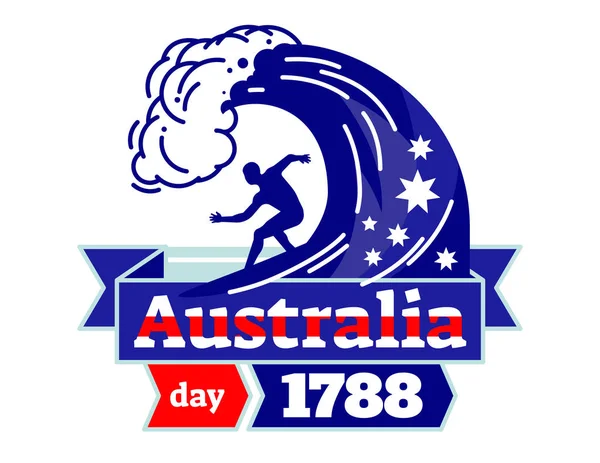 Australien dag 1788 illustrerade vektor logotypen badge, surfare på en bräda med menyfliksområdet i Australien medborgare färgar. — Stock vektor