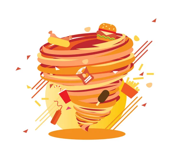 Junkfood swirl, gekke calorieën orkaan, vectorillustratie — Stockvector