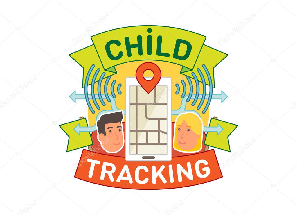 Child tracking concept vector badge illustration with location mobile app two faces and ribbon.