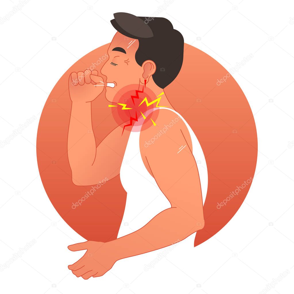 Painful throat concept vector illustration with coughing human torso. Cold virus health problems. 