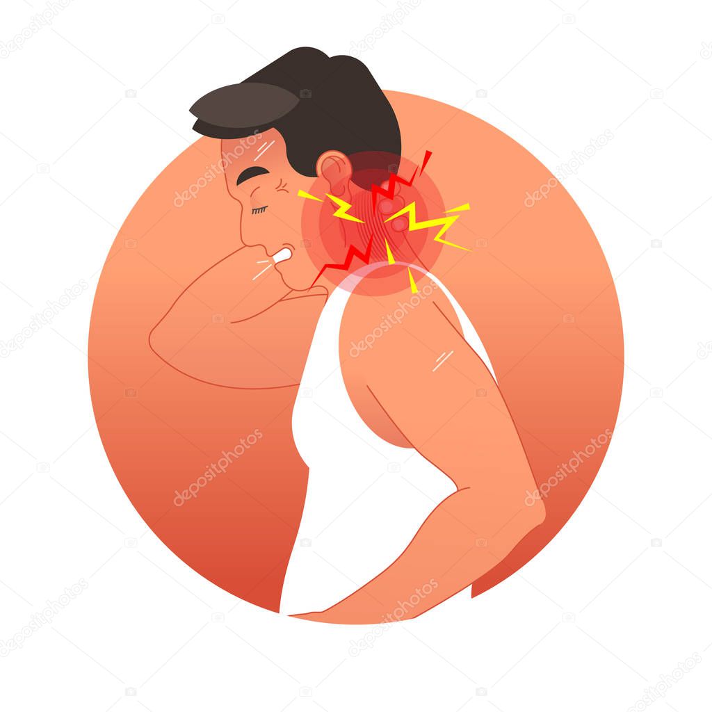 Painful neck concept vector illustration with human torso.  Work overload or sports injury.