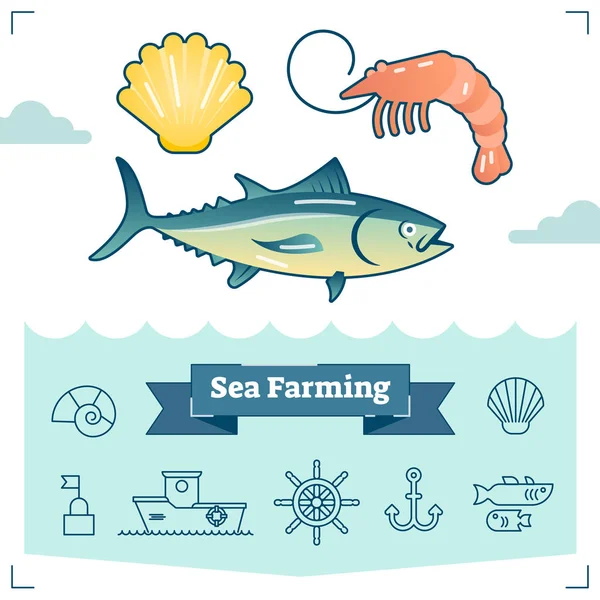Sea Farming vector illustration collection with marine life elements and outline icon set. Industria de la acuicultura . — Archivo Imágenes Vectoriales