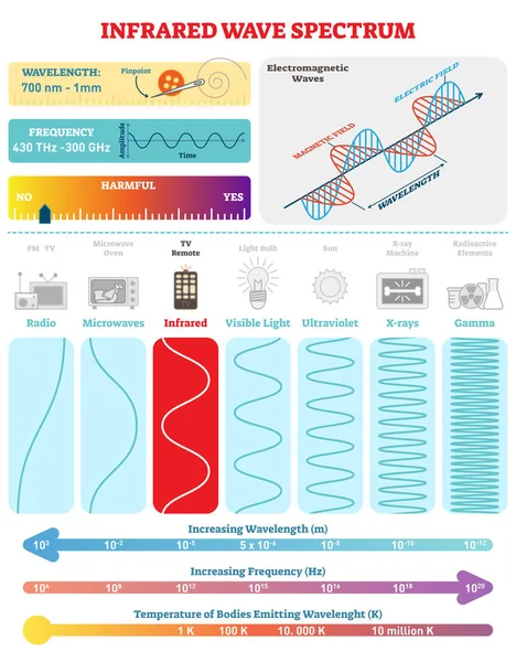 Ondas eletromagnéticas: Espectro infravermelho. Diagrama de ilustração vetorial com comprimento de onda, frequência, nocividade e estrutura de onda . —  Vetores de Stock