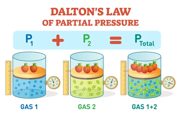 Νόμος του Dalton, χημική φυσική αφίσα πληροφορίες παράδειγμα με μερική πίεση δίκαιο. Εικονογράφηση εκπαιδευτικού φορέα. — Διανυσματικό Αρχείο