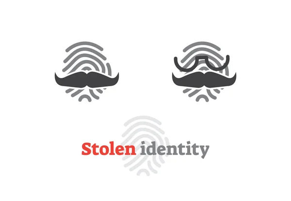 盗まれたアイデンティティ概念のアイコン。指紋と偽の口ひげを持つベクトル イラスト。デジタル安全標識. — ストックベクタ