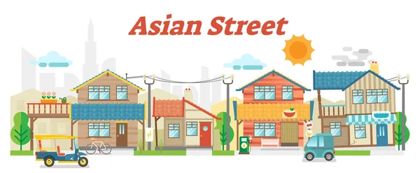 Asijská města pouliční venkovní scéna s budovami — Stockový vektor