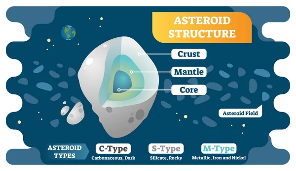 Asteroidů struktura kříž a planetka typů vektorové ilustrace diagramu. — Stockový vektor