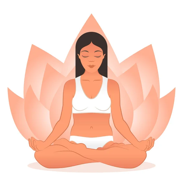 Yoga praxis koncept med kvinnliga mediterar i Lotus Pose och Lotus blomma abstrakt bakgrund dekoration. — Stock vektor