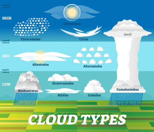 Tipi di nubi illustrazione vettoriale. Schema aria etichettato con divisione altitudine . — Vettoriale Stock