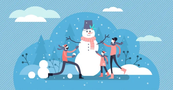 Rodinné zimní zábavné vektorové ilustrace. Ploché drobné sněhulák osoby koncept. — Stockový vektor