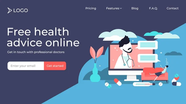 Médico en línea minúsculas personas vector ilustración landing page plantilla de diseño — Archivo Imágenes Vectoriales