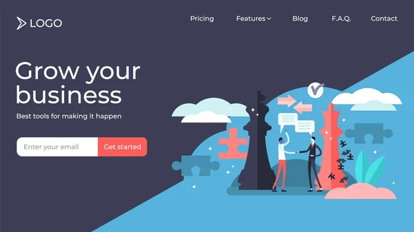 Förhandling små personer vektor illustration landningssida mall design. — Stock vektor