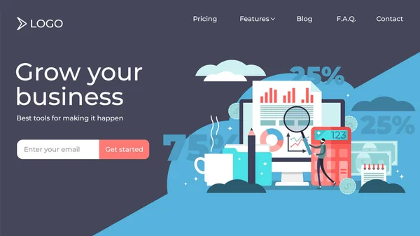 Contabilidade plana minúscula pessoa vetor ilustração landing page template design — Vetor de Stock