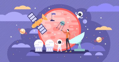 Uzay keşif vektör çizim. Düz küçük astronot kişi kavramı.