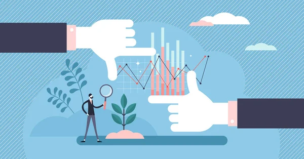 Illustrazione vettoriale di grande immagine. Panoramica statistica in concetto di persona minuscola — Vettoriale Stock