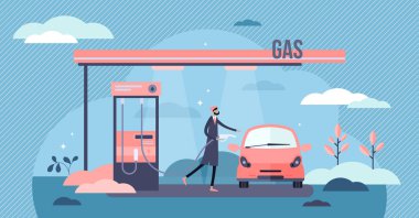 Benzin istasyonu vektör çizimi. Yakıt doldurma işlemi küçük kişi kavramında