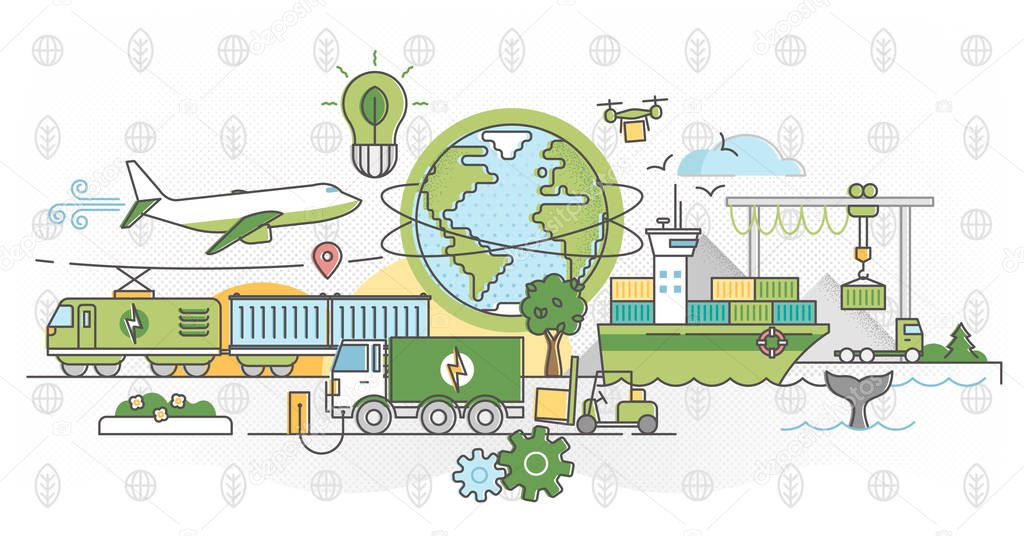 Green logistics vector illustration and ecological delivery outline concept