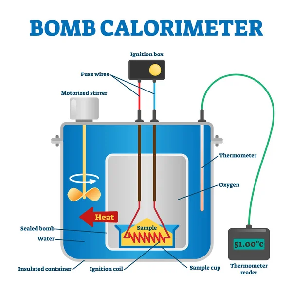 Bom calorimeter vector illustratie. Geëtiketteerde educatieve uitleggen regeling. — Stockvector