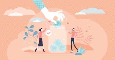 Konsepti bağışlayın. Minik insan, çift vektör çizimi.