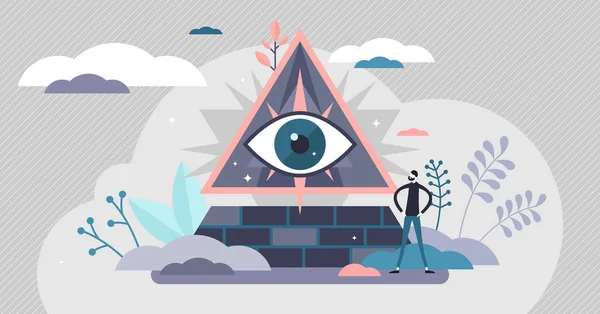 Теория заговора, концепция символа пирамиды глаз, плоская векторная иллюстрация человека — стоковый вектор