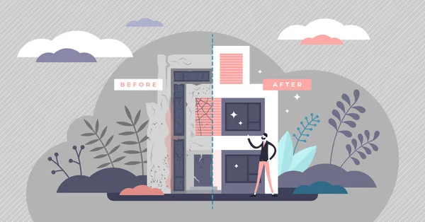Flipping Houses Konzept, flache winzige Person Vektor Illustration — Stockvektor