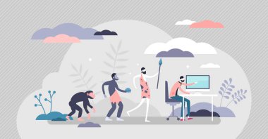 Evrim, mağara adamlarından modern insana, bilgisayarlı, düz, küçük insan vektör illüstrasyonlu adımlar atıyor.