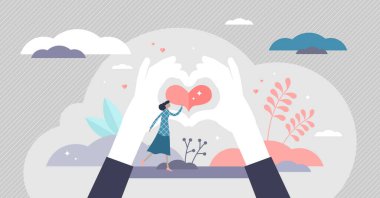 Aşk şekli parmak işareti, düz küçük insan vektör çizimi