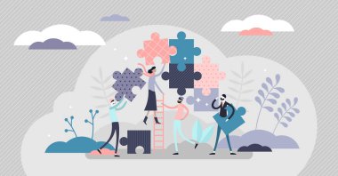 Teamwork jigsaw puzzle concept, flat tiny persons vector illustration