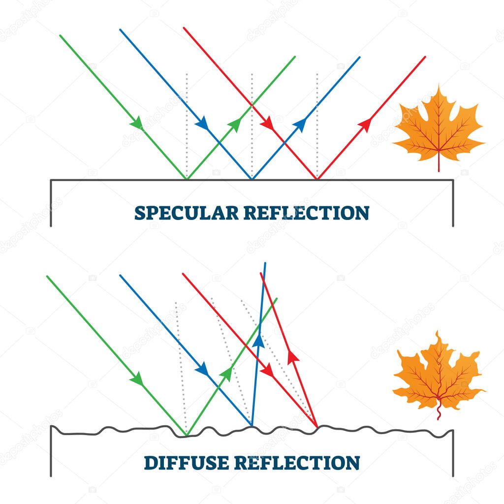 Specular and diffuse reflection, vector illustration diagram