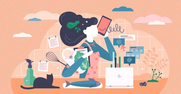 Multitasking ocupado mãe em casa conceito, vetor ilustração minúsculo feminino pessoa conceito — Vetor de Stock