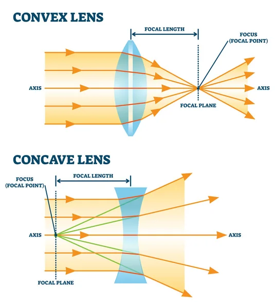 Konvexní a konkávní čočky, vektorové ilustrační diagramy — Stockový vektor