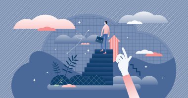 Business steps and career growth concept, flat tiny businessman person