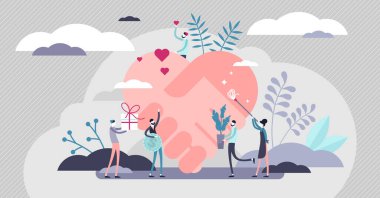 Voluntary help concept, flat tiny persons vector illustration