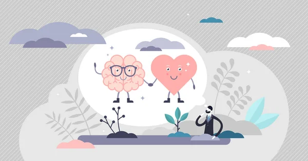 Corazón mente conexión escena vector ilustración plana diminutas personas concepto . — Vector de stock