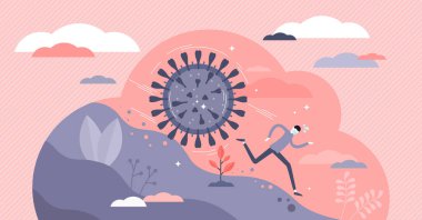 Covid-19 saldırı vektör çizimi. Virüs önleme minik insanlar konsepti.