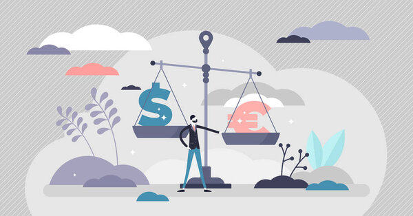 Векторная иллюстрация евро по отношению к доллару. Обмен денег плоские крошечные люди концепции
