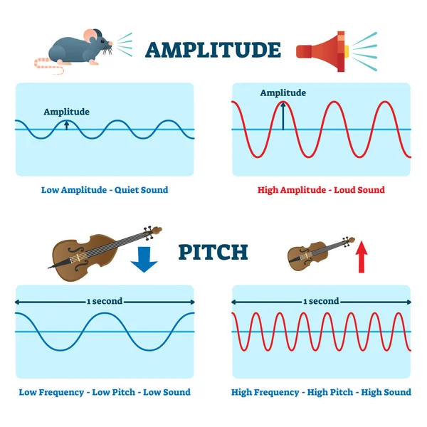 Amplitude and pitch vector illustration. Labeled educational sound scheme. — Stock Vector