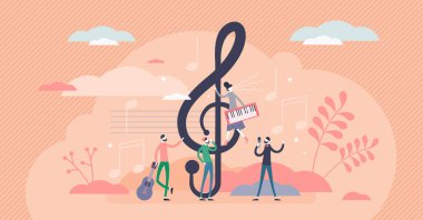 Üçlü anahtar vektör çizimi. Düz, minicik insanlar konseptinde müzik anahtarı.