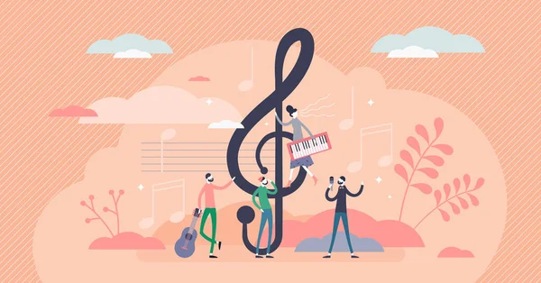 Treble clef vector illustration. Music key in flat tiny persons concept. — Stock Vector